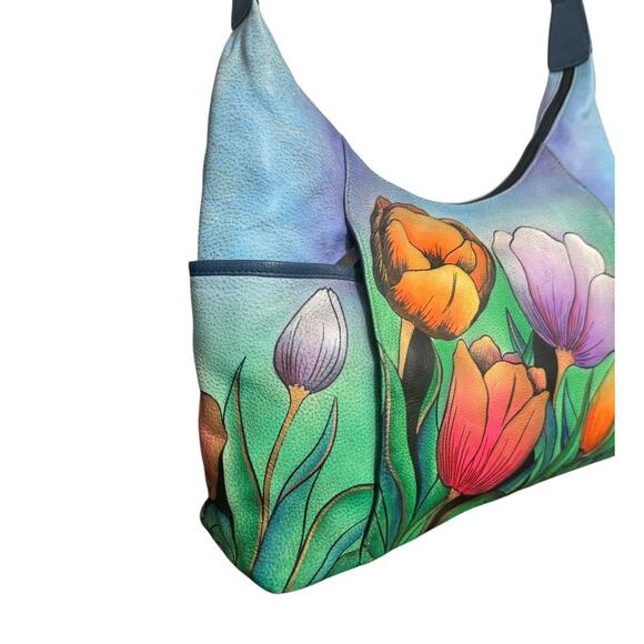 NWT! Anuschka Hand Painted Tulips Leather Hobo Handbag with Card Wallet - Picture 11 of 16